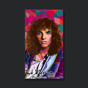 Könnte beinhalten: Eine farbenfrohe Illustration im Pop-Art-Stil eines Mannes mit langen braunen Haaren. Der Hintergrund ist ein geometrisches Muster in Pink, Lila, Blau und Grün. Der Text "Le Forum Montreal '77" befindet sich am unteren Rand des Bildes.