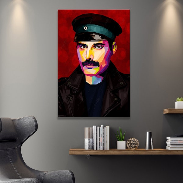 Freddie o3 Digital Art auf Leinwand für Wohnzimmer, Agentur & Büro, Geschenkidee Pop Art Musiker Bild für Männer oder Geschenk für Frauen