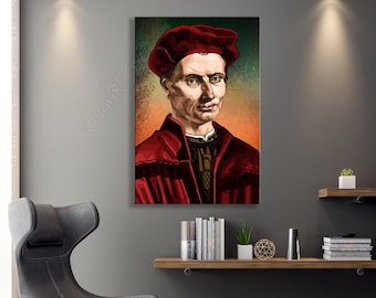 Niccolo Machiavelli writer, Digital art on canvas framed fine art print, Personalized big XXL pop art gift wallart painting for women + men