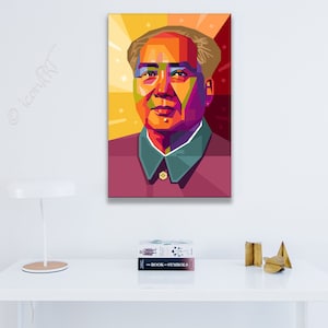 May include: A colorful pop art portrait of a man with a red, yellow, and blue color scheme. The man is wearing a red and green shirt. The background is yellow with red and blue accents.
