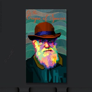 May include: A colourful pop art portrait of Charles Darwin, the author of "On the Origin of Species", wearing a brown hat and a long beard. The background is a swirling pattern of green and gold.