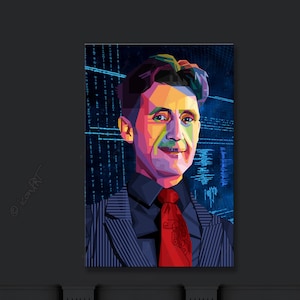 Puede incluir: Un retrato digital de un hombre con un estilo geométrico colorido. Tiene el pelo corto y oscuro y lleva un traje azul oscuro con una corbata roja. El fondo es un patrón de código azul y negro.