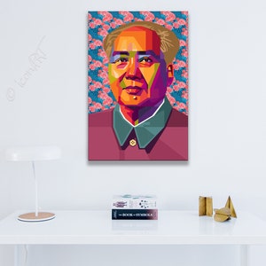 May include: A colorful pop art portrait of a man with a red, green, and blue suit against a background of pink flowers.