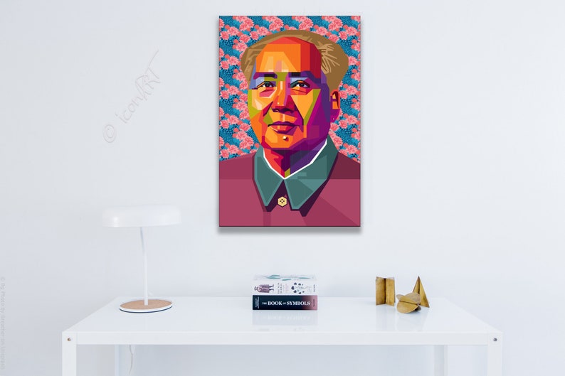 May include: A colorful pop art portrait of a man with a red, green, and blue suit against a background of pink flowers.