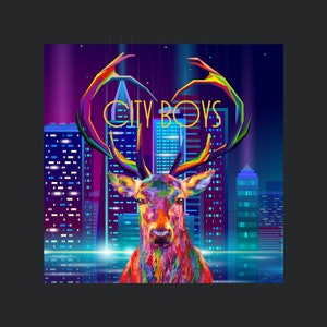 Wall art &quot;City Boys&quot; colourful stag at night skyline MIXED Edition. Digital Art XXL LoftArt fabric picture framed canvas popart or floor mat