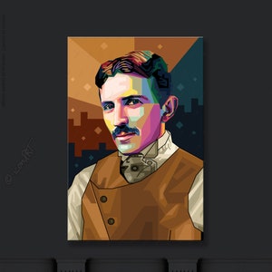 Puede incluir: Un retrato de arte pop colorido de Nikola Tesla, un famoso inventor e ingeniero. El retrato está en una paleta de colores vibrantes con un fondo marrón y presenta un primer plano de la cara y la parte superior del cuerpo de Tesla. Lleva un chaleco marrón y una camisa blanca.