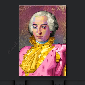 Puede incluir: Una pintura digital de un hombre con un atuendo rosa y dorado. El hombre lleva una peluca blanca empolvada y una expresión seria. El fondo es un dorado y rosa texturizado.