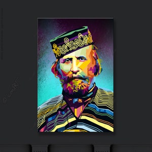 Könnte beinhalten: Ein Pop-Art-Porträt eines Mannes mit Bart und Hut. Das Kunstwerk verwendet eine lebendige Farbpalette aus Gelb, Blau, Grün und Lila. Die Kleidung des Mannes weist Streifenmuster auf, und der Hintergrund hat einen Farbverlauf.