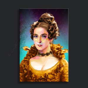 May include: A digital painting of a woman wearing a golden crown and a yellow dress. The background is a purple and blue gradient.