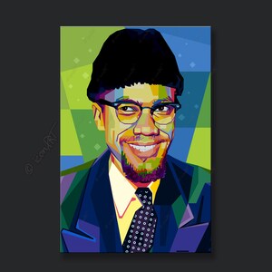 Könnte beinhalten: Ein farbenfrohes Pop-Art-Porträt eines Mannes mit schwarzem Hut, Brille und Anzug mit gemusterter Krawatte. Der Hintergrund ist eine Mischung aus Grün, Blau und Gelb.