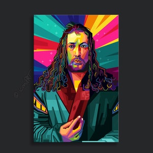May include: A colorful pop art portrait of a person with long, wavy hair. The artwork features a vibrant palette of blues, greens, reds, and yellows. The person is wearing a teal robe with a red inner layer, and is holding a small object.