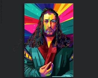Puede incluir: Un retrato de estilo pop art de una persona con cabello largo y ondulado. La obra de arte utiliza una paleta vibrante de azules, verdes, rojos y amarillos. La persona lleva una túnica color turquesa con una capa interior roja y sostiene un objeto pequeño.