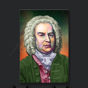 Könnte beinhalten: Ein Porträt eines Mannes mit einer weißen Perücke und einem grünen Jackett. Er trägt ein weißes Hemd mit einer rosa Weste. Der Hintergrund ist ein abstraktes Design in Grün und Orange.