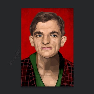 Könnte beinhalten: Eine digitale Illustration eines Mannes mit kurzen braunen Haaren, der ein grünes Hemd und eine rot-schwarze karierte Jacke trägt. Der Hintergrund ist rot.