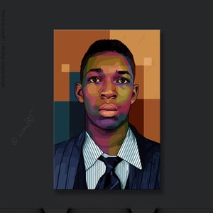 Könnte beinhalten: Eine digitale Porträtillustration einer Person mit kurzem dunklem Haar, die ein gestreiftes Hemd und eine dunkle Krawatte unter einem Anzugsakko trägt. Das Gesicht zeigt einen geometrischen, mehrfarbigen Mosaikstil mit Violett-, Grün- und Orangetönen.