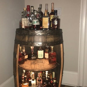 Bourbon barrel liquor bar display case. Whiskey barrel cabinet Buffalo Trace, authentic barrels Handcrafted From A Reclaimed Whiskey Barrel image 3