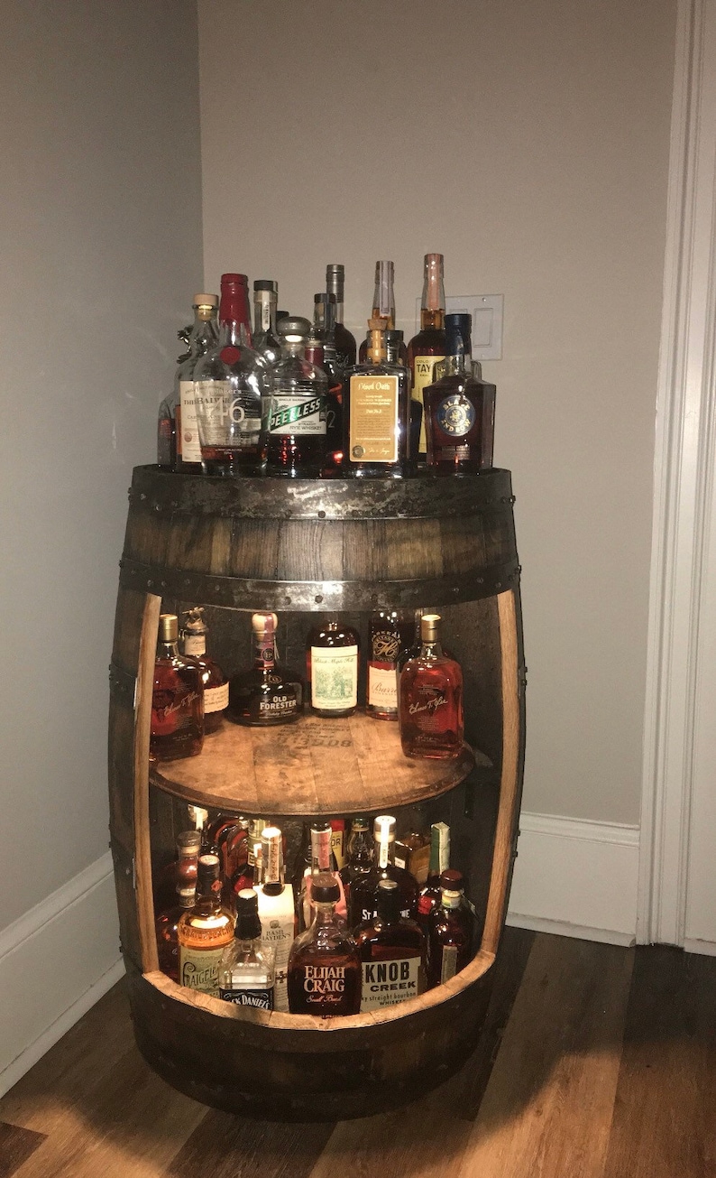 Bourbon barrel liquor bar display case. Whiskey barrel cabinet Buffalo Trace, authentic barrels Handcrafted From A Reclaimed Whiskey Barrel image 3