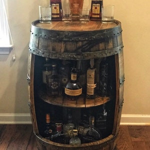 Bourbon barrel liquor bar display case. Whiskey barrel cabinet Buffalo Trace, authentic barrels Handcrafted From A Reclaimed Whiskey Barrel image 8