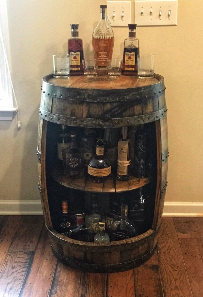 Bourbon barrel liquor bar display case. Whiskey barrel cabinet Buffalo Trace, authentic barrels Handcrafted From A Reclaimed Whiskey Barrel image 8