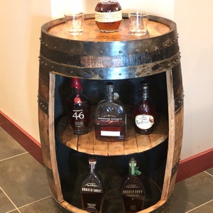 Bourbon barrel liquor bar display case. Whiskey barrel cabinet Buffalo Trace, authentic barrels Handcrafted From A Reclaimed Whiskey Barrel image 5