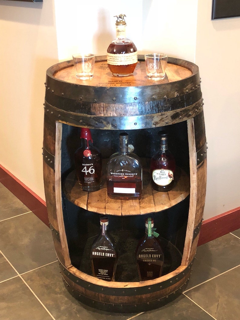 Bourbon barrel liquor bar display case. Whiskey barrel cabinet Buffalo Trace, authentic barrels Handcrafted From A Reclaimed Whiskey Barrel image 5