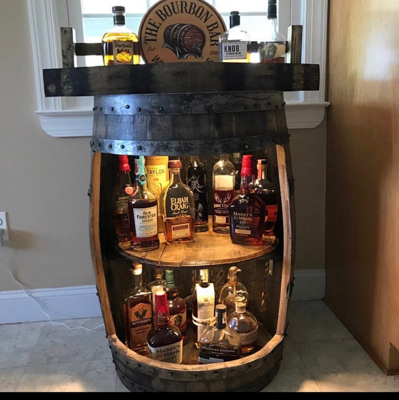 Bourbon barrel liquor bar display case. Whiskey barrel cabinet Buffalo Trace, authentic barrels Handcrafted From A Reclaimed Whiskey Barrel image 2