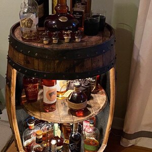 Bourbon barrel liquor bar display case. Whiskey barrel cabinet Buffalo Trace, authentic barrels Handcrafted From A Reclaimed Whiskey Barrel image 4