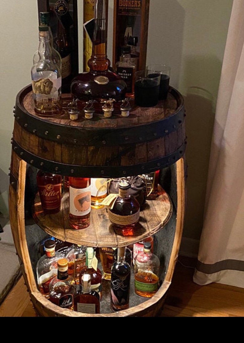 Bourbon barrel liquor bar display case. Whiskey barrel cabinet Buffalo Trace, authentic barrels Handcrafted From A Reclaimed Whiskey Barrel image 4