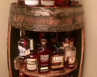 Bourbon barrel liquor bar display case. Whiskey barrel cabinet Buffalo Trace, authentic barrels Handcrafted From A Reclaimed Whiskey Barrel