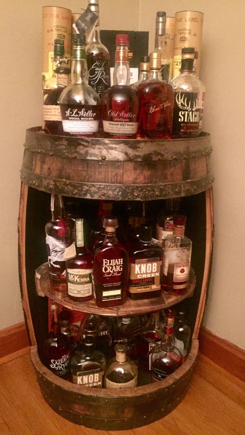 Bourbon barrel liquor bar display case. Whiskey barrel cabinet Buffalo Trace, authentic barrels Handcrafted From A Reclaimed Whiskey Barrel image 1