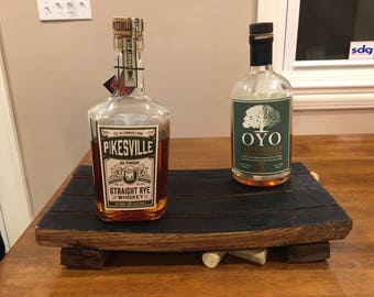 Bourbon whiskey centerpiece for table made from staves for rustic farmhouse decor.