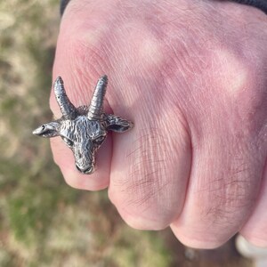 Puede incluir: Un anillo de plata con un diseño detallado de cabeza de cabra. El anillo se lleva en el dedo de una persona.
