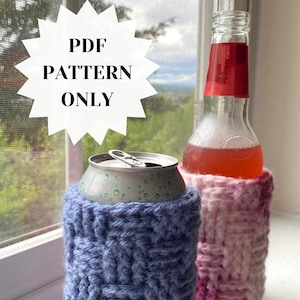 In the front there is a metal can in a blue basketweave coozie, and in the background there is a glass bottle in a pink basketweave coozie. There is text in a bubble that says "PDF PATTERN ONLY."