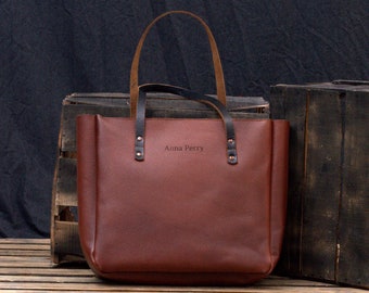 Everyday Leather Tote with Zipper Vintage Brown Carry On Work Handbag Laptop Tote Bags for Women Everyday Use Tote Bag Gift for Her or Mom