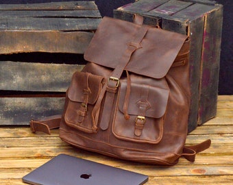 Brown Leather Backpack Laptop Personalized Monogram Rucksack Vintage Leather Backpack Graduation Gift, Gift for Him, Her, Husband, Wife