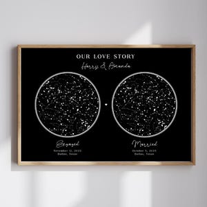 Puede incluir: Un cuadro rectangular con marco y fondo negro que muestra dos mapas estelares circulares. El texto dice: OUR LOVE STORY, Harry & Amanda, Engaged November 12, 2022 Dallas, Texas, y Married October 5, 2025 Dallas, Texas, con un pequeño corazón.