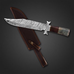 Handmade Damascus Steel Hunting Knife, Natural Wood & Bone Handle, Brass Rings, Birthday Gift for Him or Her, Anniversary Collector’s Item