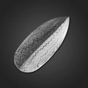Op de afbeelding: Een close-up van een mesblad van Damascusstaal. Het blad heeft een uniek golvend patroon in grijstinten en zilver. Het mes is ovaal van vorm met een puntige punt en een gladde, gepolijste afwerking. De achtergrond is effen zwart.