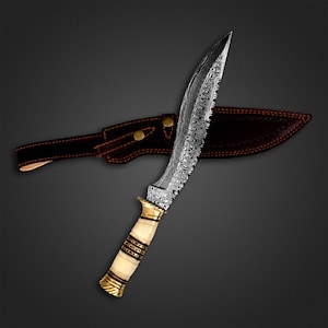 Couteau Kukri en acier damas, couteau de chasse, couteau de camping, couteau de survie, couteau Viking Bushcraft, cadeau pour elle, lui, mari ou anniversaire