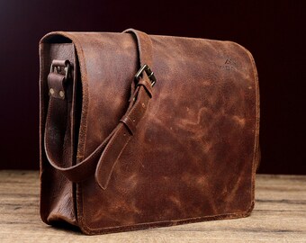 Antique Tan Leather Satchel | Handmade Crossbody Messenger Bag | Laptop Shoulder Work Bag