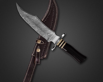 Handcrafted Hunting Knife with Damascus Steel Blade and Bull Horn Handle adorned with Brass Rings – a Personalized Gift for Her or Him