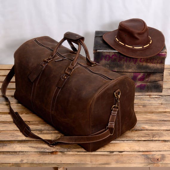 Brown Leather Duffel Bag Vintage Carry On Weekend Bag