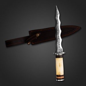 Cuchillo de colección hecho a mano con mango de latón y cuerno de Damasco con funda de cuero, regalo personalizado para él, esposo o novio