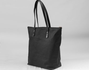 Soft Black Leather Tote Bag – Zippered Shoulder Office Bag for Women | MONT5