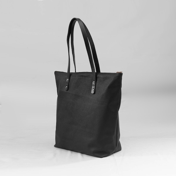 Soft Black Zipper Tote | Leather Office Bag | Ladies Shoulder Bag | Gift For Her