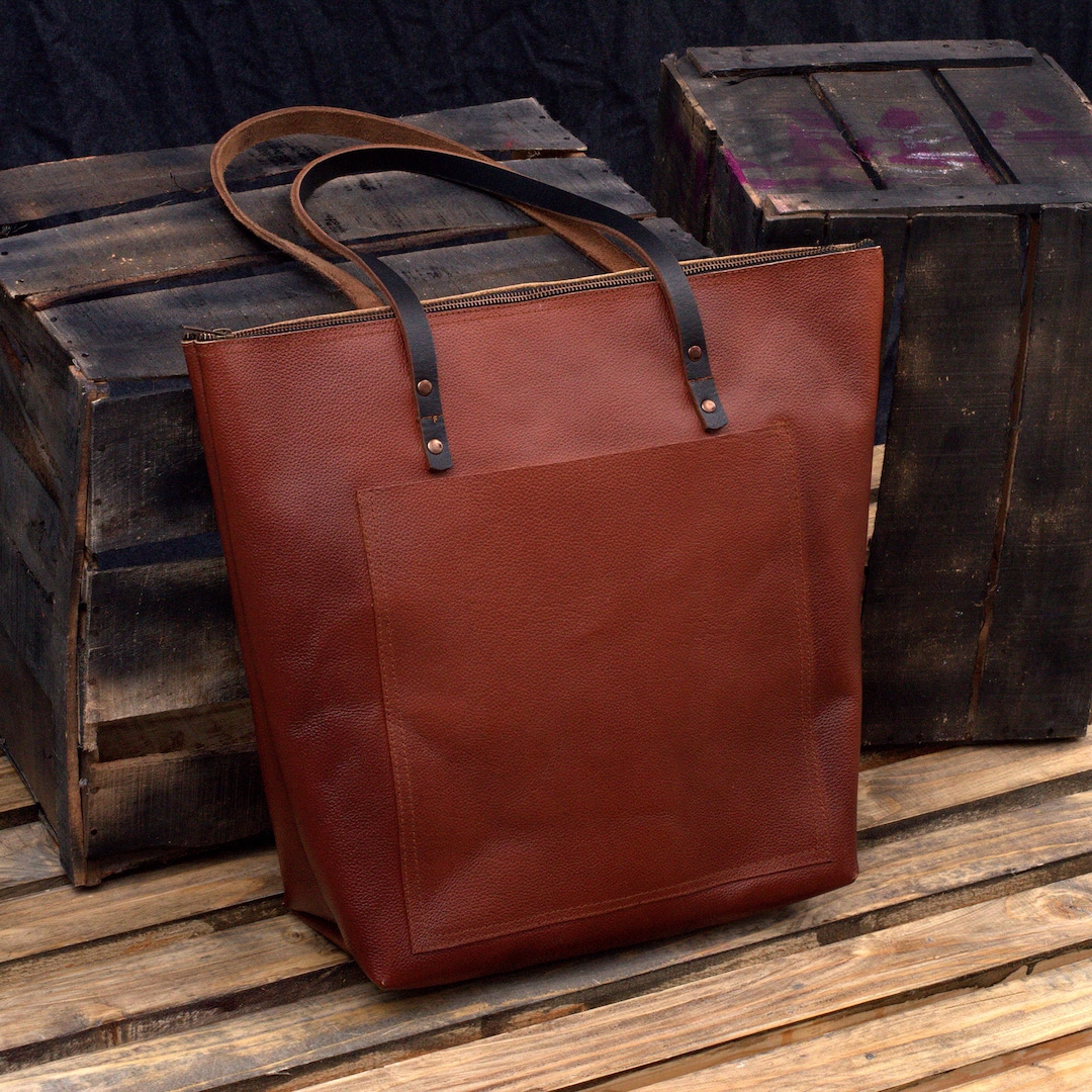 Large Zipper Leather Tote, Women Brown Leather Purse Etsy