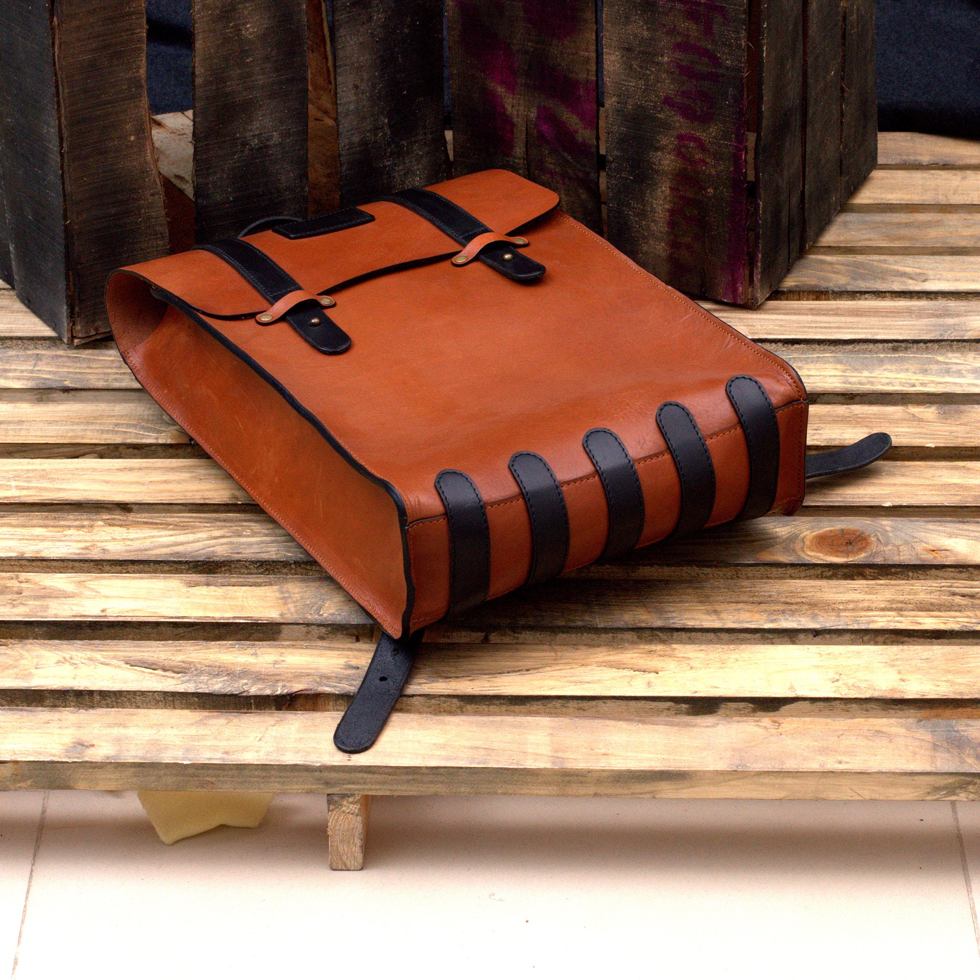 3315 Leather Backpack Organizer Retro Vegetable Tanning leather bag Vintage Vegetable-tanned Leather Backpack, Handmade Patina Travel  main image 4