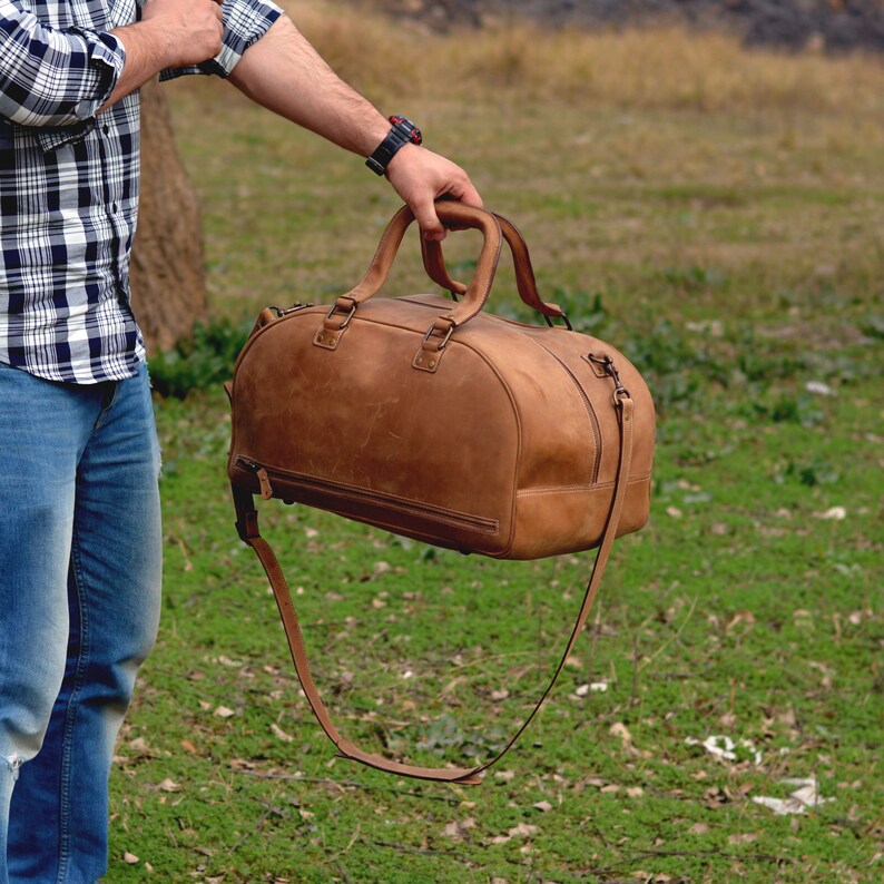 Leather Duffel Bag With Laptop Compartment Vintage Cowhide Etsy