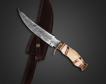 Handmade Damascus Steel Hunting Knife having a Bone Handle with Brass Rings. a Personalized Gift for Her or Him, Ideal for Anniversaries