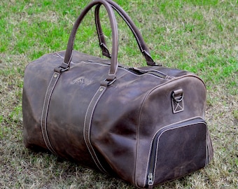 Vintage Leather Travel Duffel Bag – Handcrafted Brown Weekender with Shoe Compartment